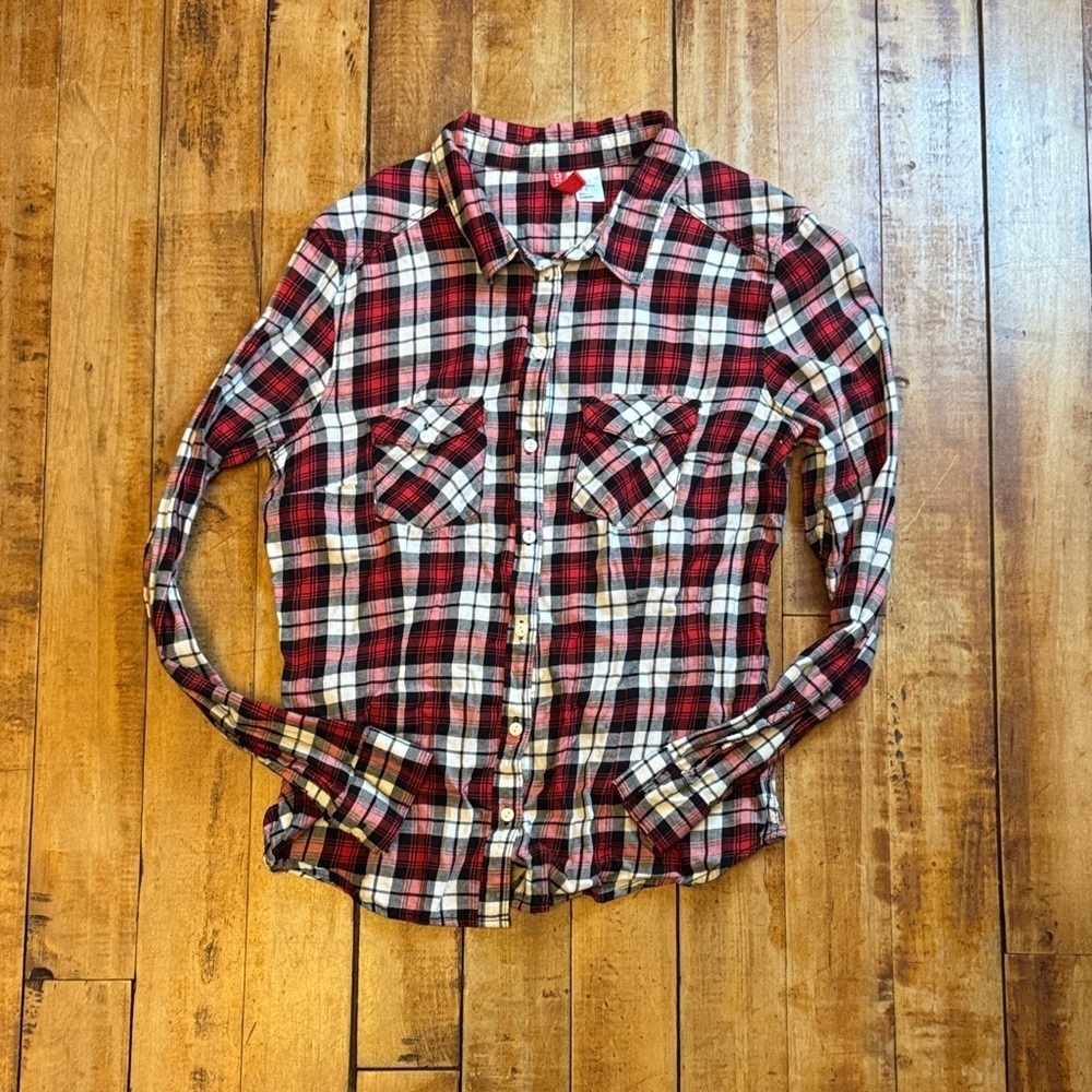 H&M Red and Black Plaid Shirt button down cotton large